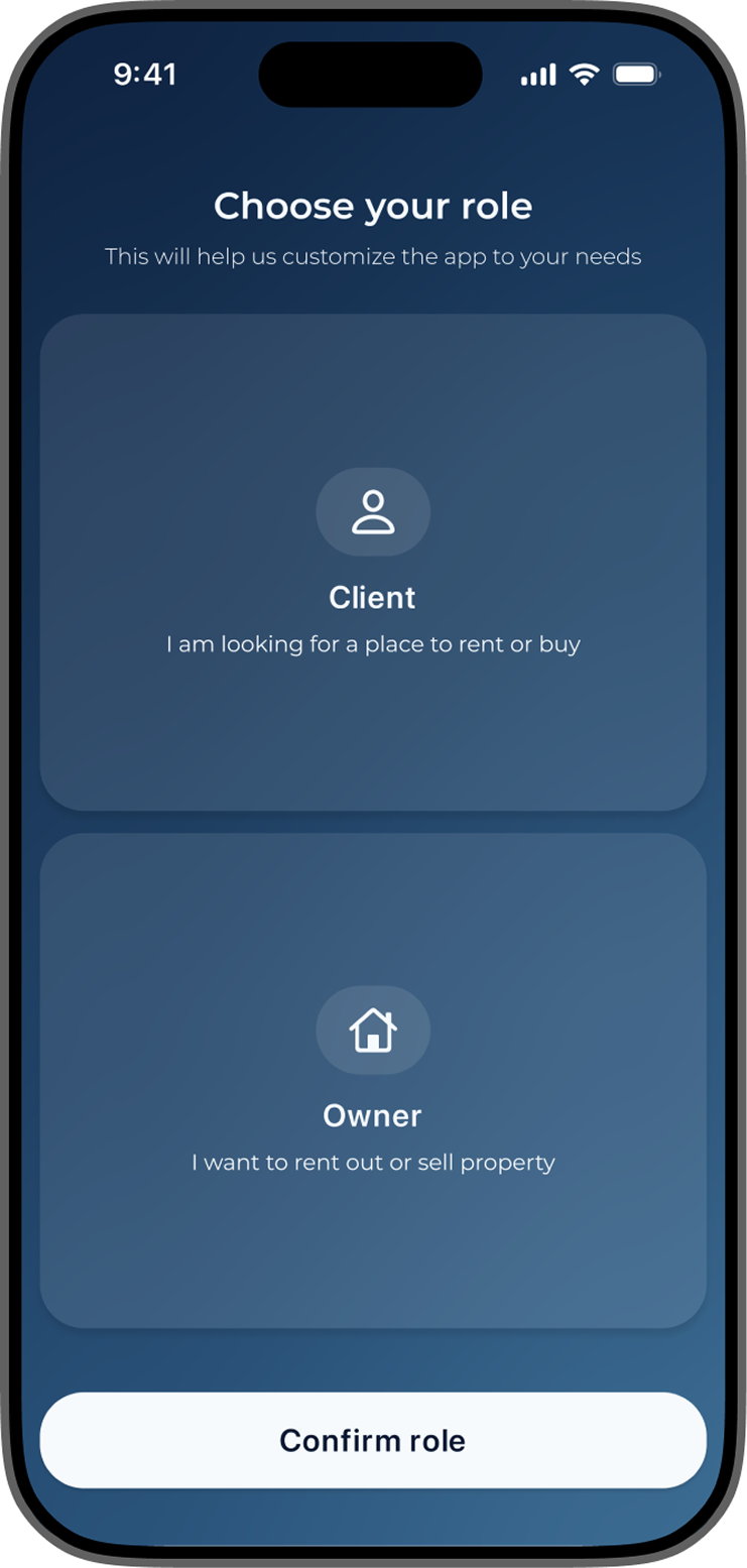 Choose a role: Pick Client or Owner